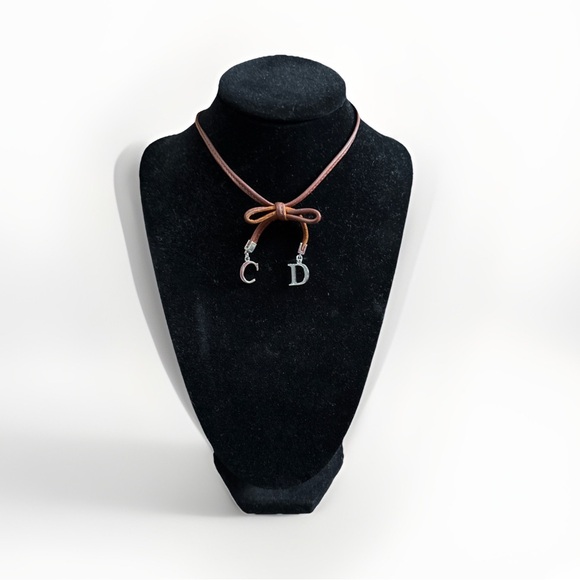Dior Jewelry - Christian Dior Vintage Bow Choker Necklace Logo CD Charm Brown Leather